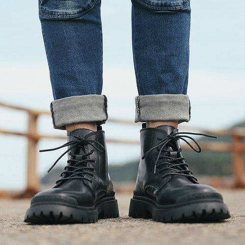 Men's Leather Mid-Top Casual Boots Black